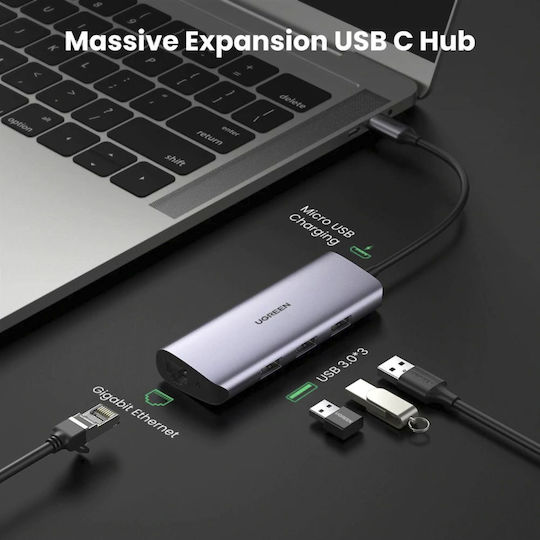 Ugreen CM252 3 Port USB 3.0 Hub with USB-A Connection Ethernet Gray