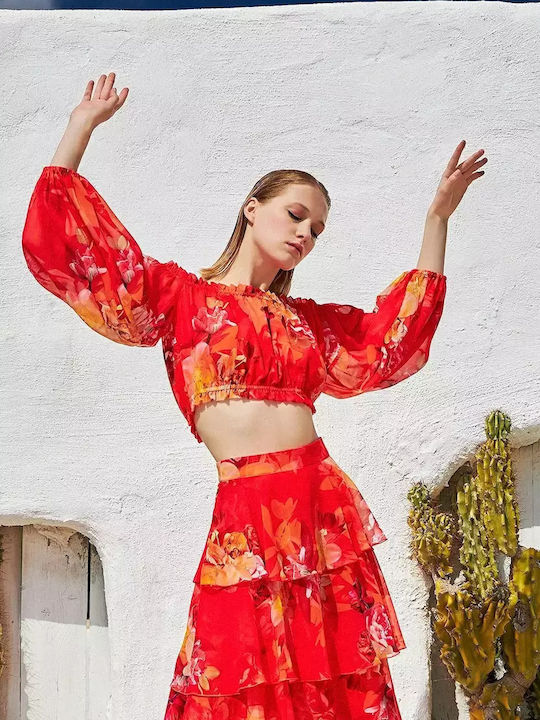 Ψηλόμεση Maxi Φούστα Floral Πορτοκαλί
