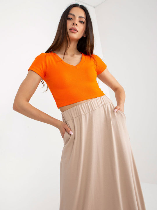 Rue Paris High Waist Midi Skirt in Beige color