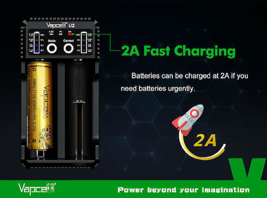 Vapcell U2 USB Φορτιστής 2 Μπαταριών Li-ion/Ni-Cd/Ni-MH Μεγέθους AA/AAA/D/18650/21700
