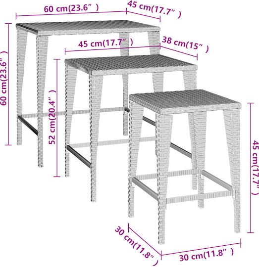 Masa auxiliară pentru spații exterioare mici Ratan Maro 3pcs 60x45x60buc
