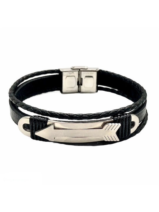 Men's steel ID arrow identity bracelet with leather in silver - black color.