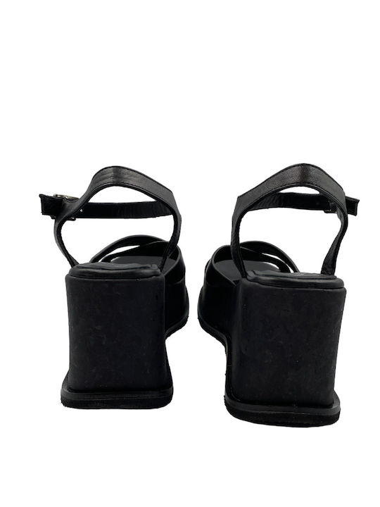 Women's Leather Ankle Strap Platforms Black