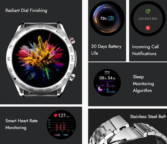 HiFuture FutureGo Pro Stainless Steel 46mm Waterproof Smartwatch with Heart Rate Monitor (Silver)