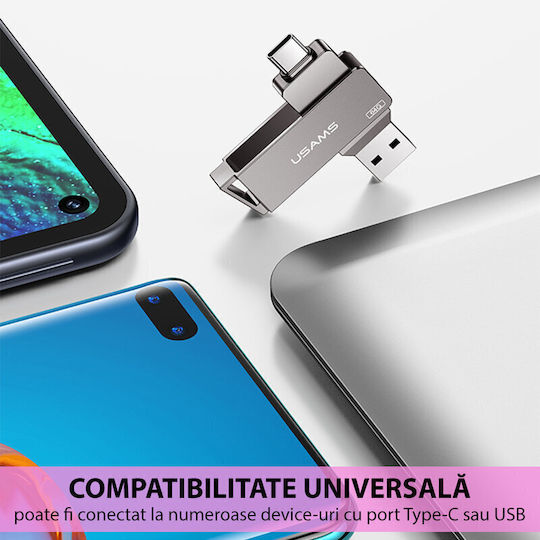 Usams ZB200 64GB USB 3.0 Флашка с Интерфейс USB-A и USB-C Черен