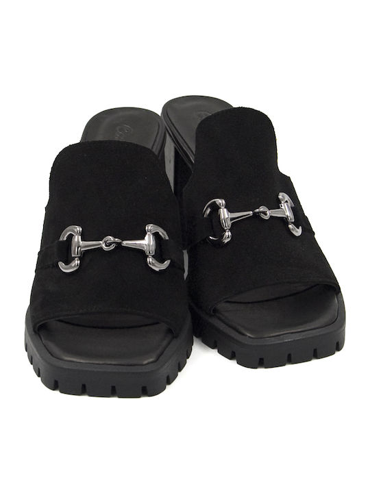 Leather Mules with Chunky High Heel in Black Color