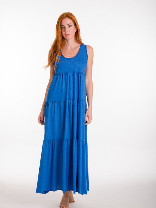 Long Cotton Long Dress with Velveteen RIma 3112-3, with wide waistband, comfortable line BLUE RWA