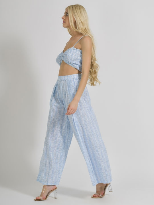 Damen Hoch tailliert Stoff Hose in Lockerer Passform Hellblau
