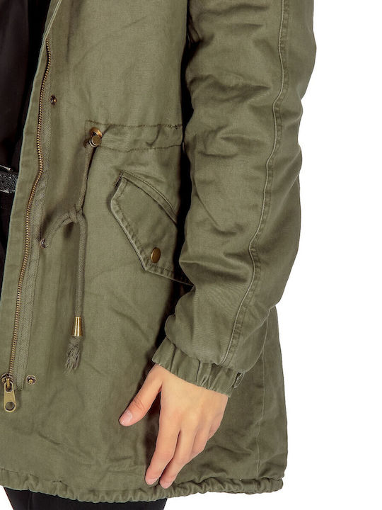 Lang Damen Parka Jacke mit pelziger Kapuze für Winter Khaki PRK-49701 (KHKBL)