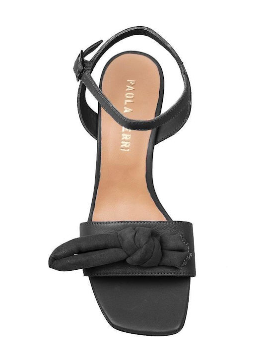 Paola Ferri Leather Women's Sandals with Ankle Strap Black with Chunky High Heel