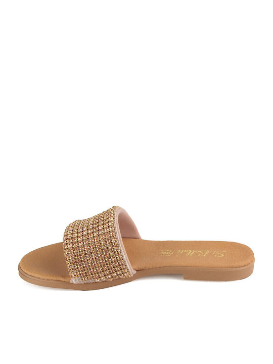 Leder Flache Sandalen für Damen in Gold Farbe