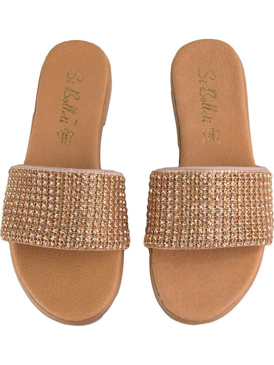 Leder Flache Sandalen für Damen in Gold Farbe