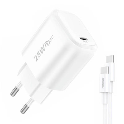 Foneng Charger with USB-C Port and Cable USB-C 25W Power Delivery / Quick Charge 3.0 White