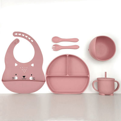 Baby Cloud Feeding Set Γατάκι made of Silicone with Non-Slip Base Pink 6pcs