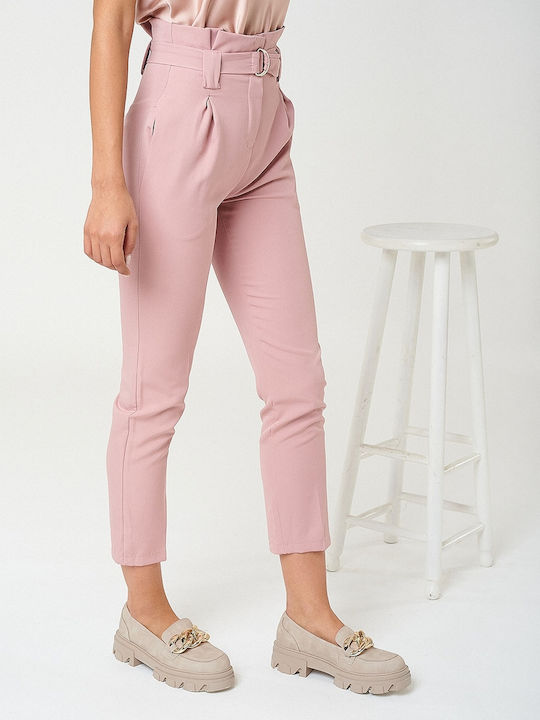 InShoes πιέτες Women's High-waisted Fabric Capri Trousers Pink