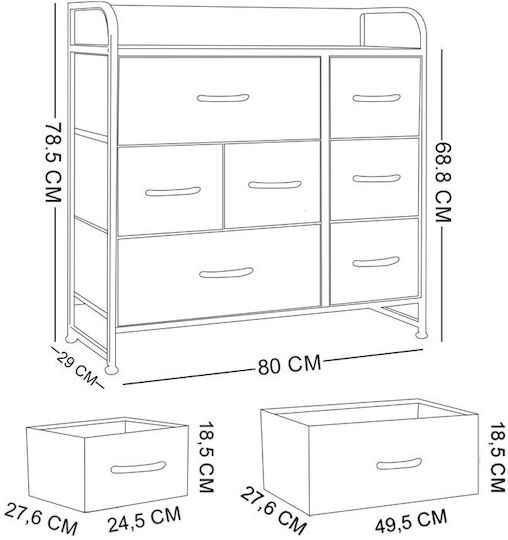 Bedroom Chest of Drawers Made of Wood and Metal with 7 Drawers and Fabric Surface Coating 80x29x78.5cm