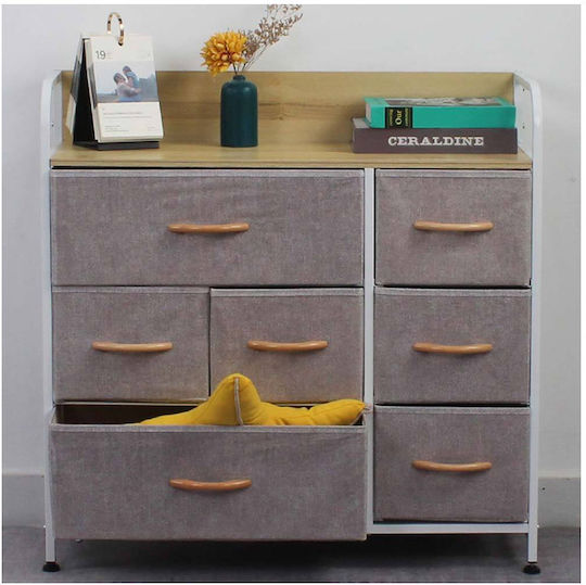 Bedroom Chest of Drawers Made of Wood and Metal with 7 Drawers and Fabric Surface Coating 80x29x78.5cm