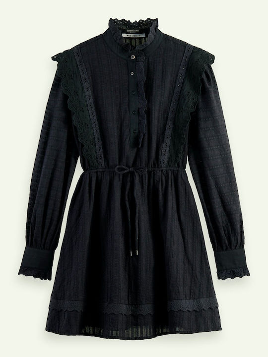 Broderie Anglaise Mini Shirt Dress Dress with Ruffle Black