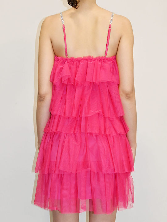 Hellen Batterr Summer Mini Evening Dress Strapless with Tulle Fuchsia