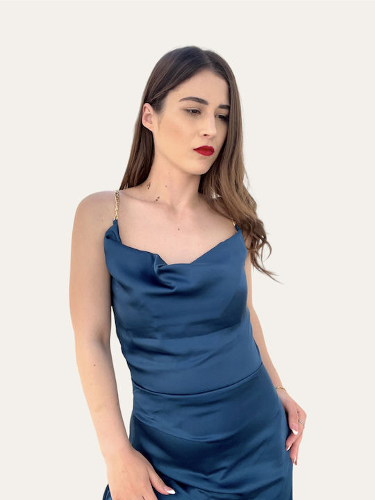 Rochie de satin albastru pentru nunta cu bretele de aur