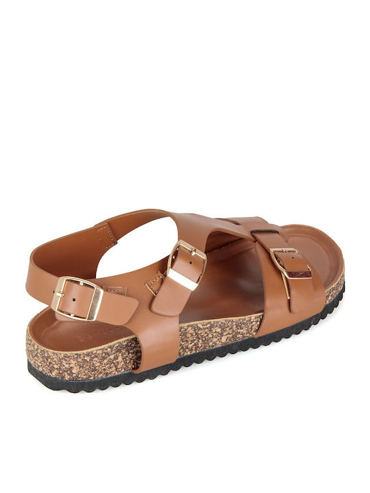 Flache Sandalen für Damen mit Riemen in Tabac Braun Farbe