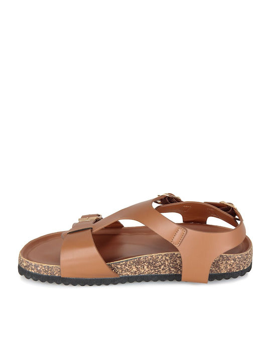Flache Sandalen für Damen mit Riemen in Tabac Braun Farbe