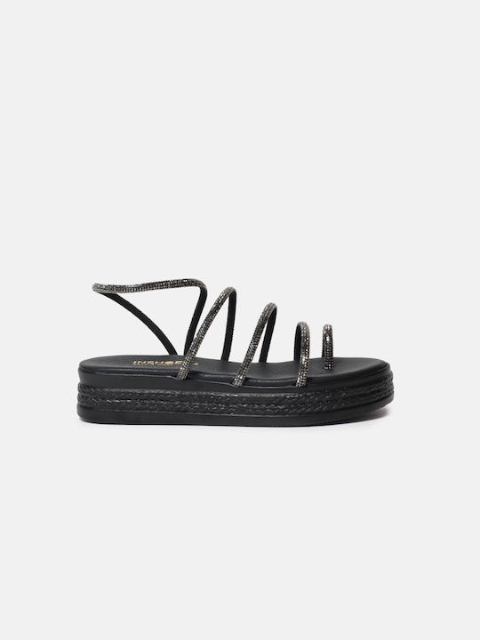 InShoes Leather Women's Flat Sandals Flatforms in Black Color