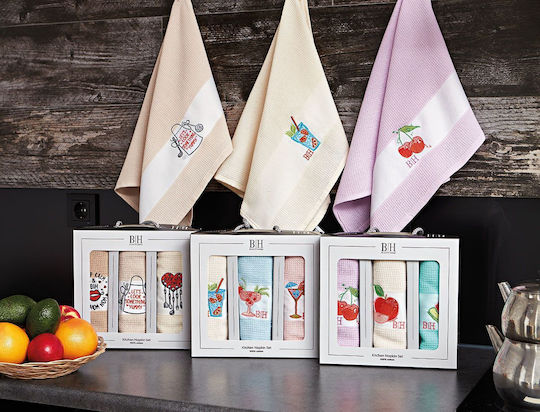 Beauty Home Fruits Kitchen Towel from 100% Cotton Purple Beige Blue 40x60cm 3 Pieces