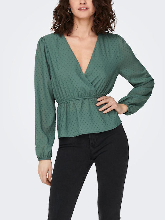 Only Женска блуза памучна Дълъг ръкав с V-образно деколте Зелена