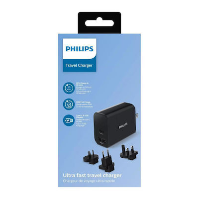 Philips Charger Without Cable with USB-A Port and USB-C Port 30W Power Delivery Blacks (DLP2621T/00)