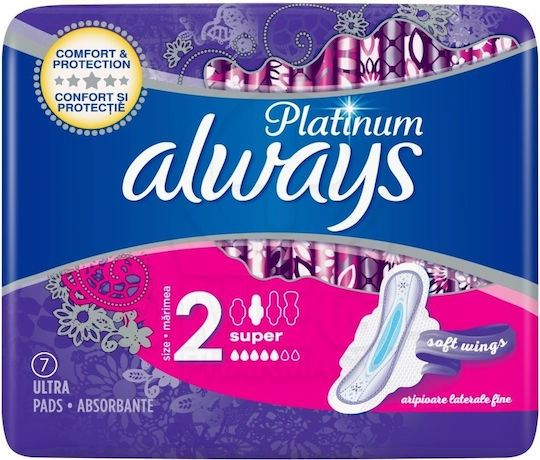 Always Platinum Ultra Super Σερβιέτες με Φτερά για Αυξημένη Ροή 5 Σταγόνες Μέγεθος 2 7τμχ