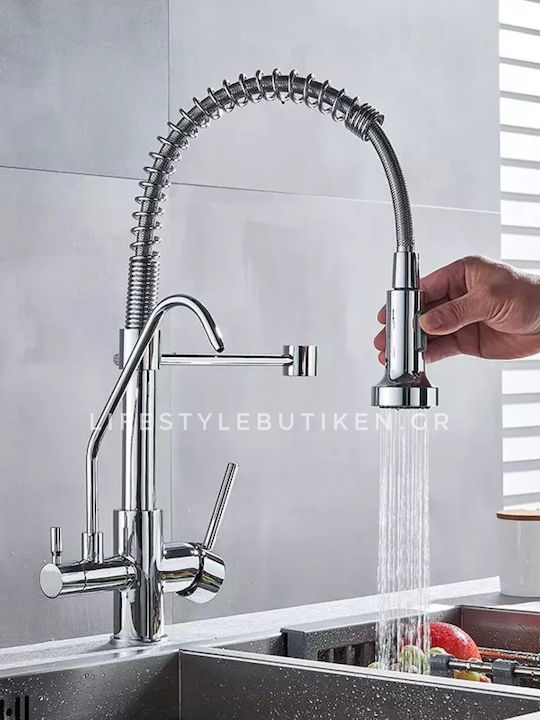 Naron Tall Kitchen Faucet Counter with Shower and Spiral Chrome