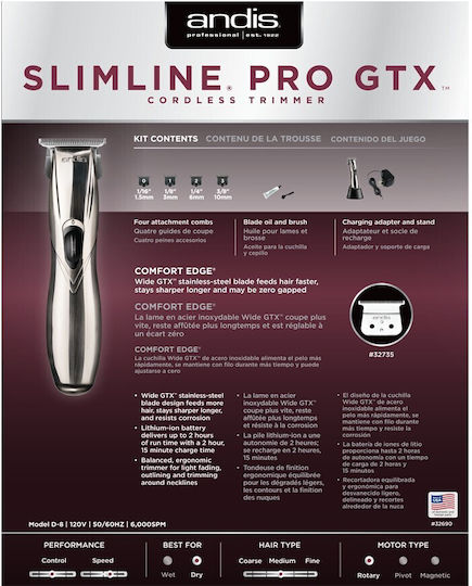 Andis Slim Line Pro GTX Επαναφορτιζόμενη Κουρευτική Μηχανή Ασημί 32695