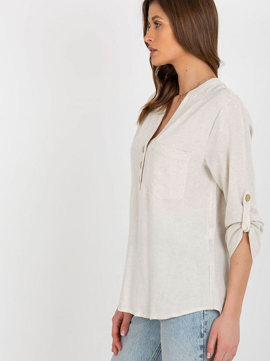 Rue Paris Summer Cotton Tunic Long Sleeve Beige