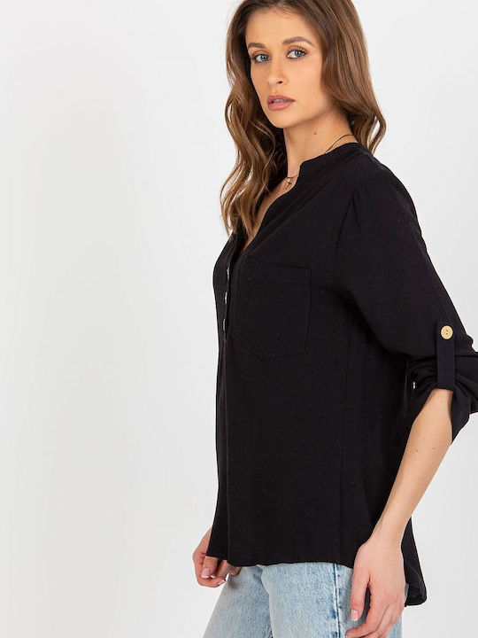 Rue Paris Summer Cotton Tunic Long Sleeve Black