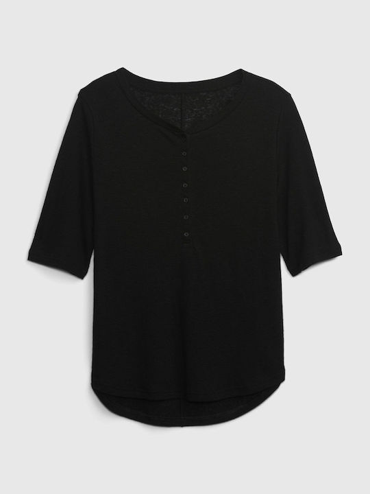 GAP Linen-Blend Henley pentru Femei de Vară Bluză cu Mânecă 3/4 Neagră