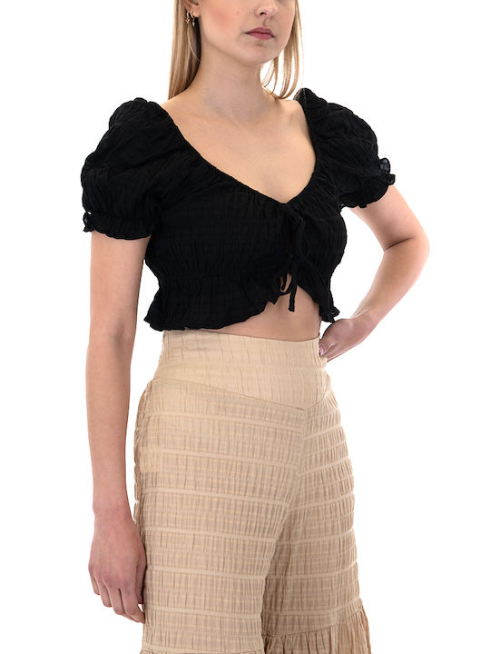 WOMEN AUGUST Γυναικείο Crop Top Κοντομάνικο Καλοκαιρινό Μαύρο