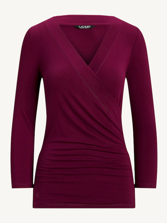 Alayja Surplice Women's Blouse with 3/4 Sleeve & V Neckline Burgundy