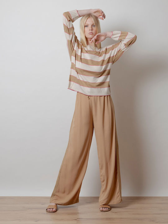Damen Langarm Pullover Gestreift Beige
