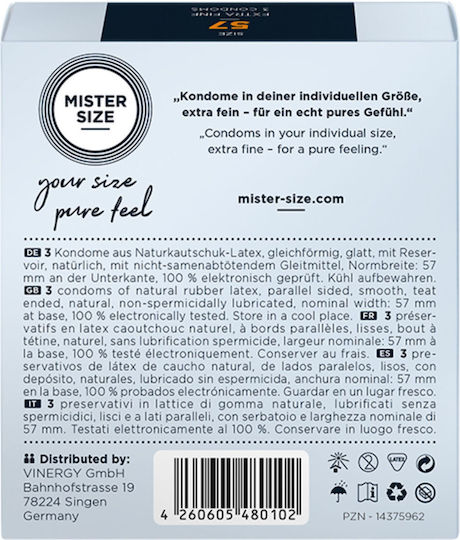 Mister Size Προφυλακτικά Extra Fine Size 57mm 3τμχ 57mm Λεπτά για Φυσική Αίσθηση Natural Vegan