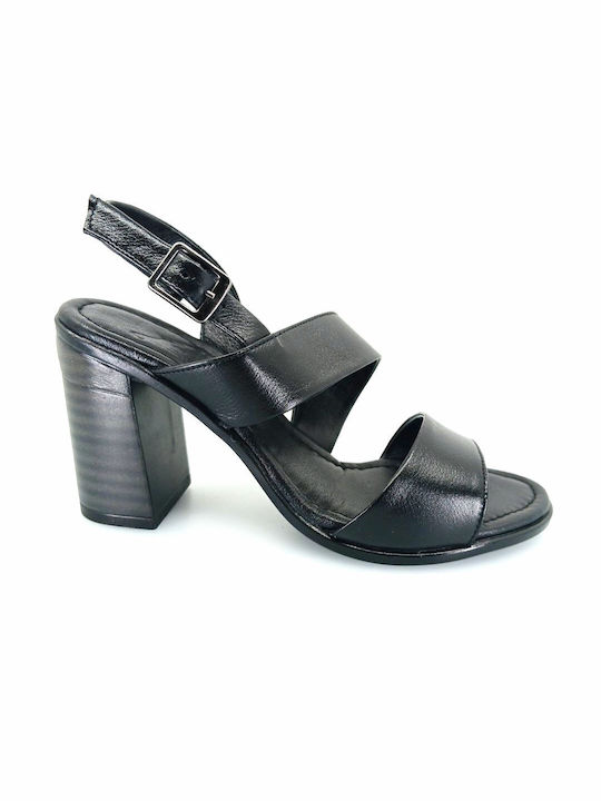 Boxer Leather Women's Sandals Black with Chunky High Heel