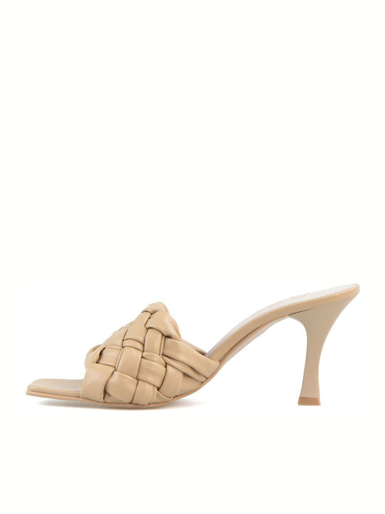 Mules with Thin High Heel in Beige Color