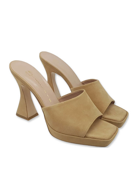 Leather Mules with Chunky High Heel Sand