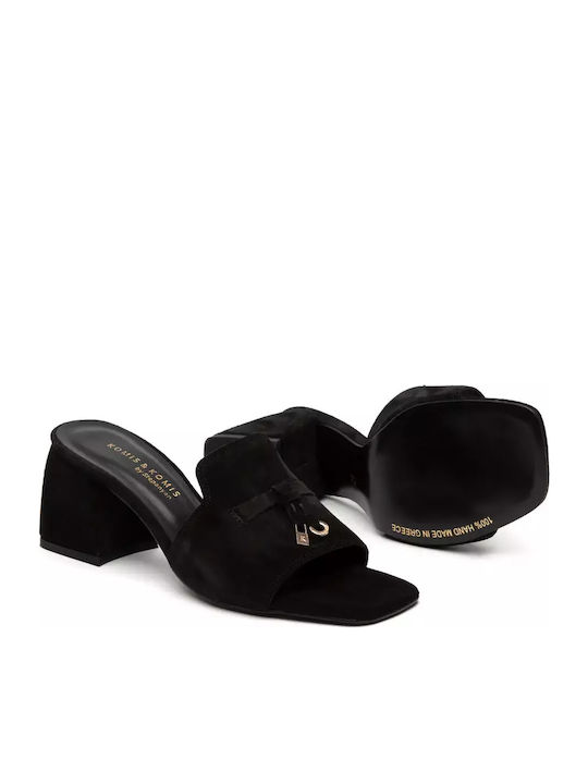 A303 Leather Mules with Chunky Low Heel in Black Color