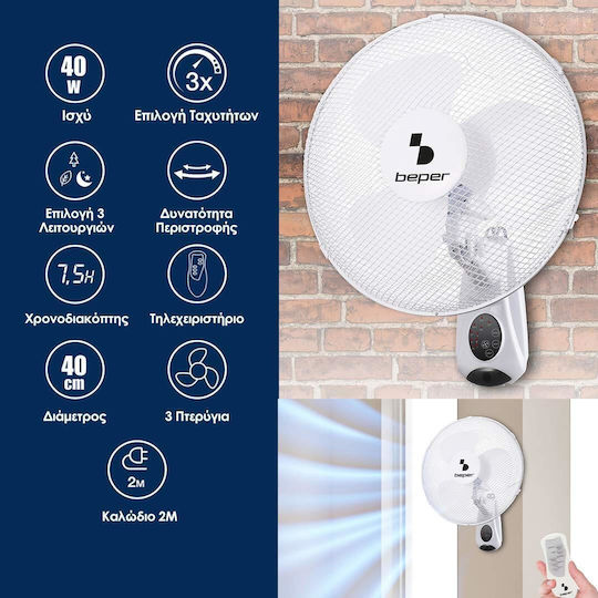Beper Ανεμιστήρας Τοίχου 40W Διαμέτρου 40cm με Τηλεχειριστήριο Λευκός