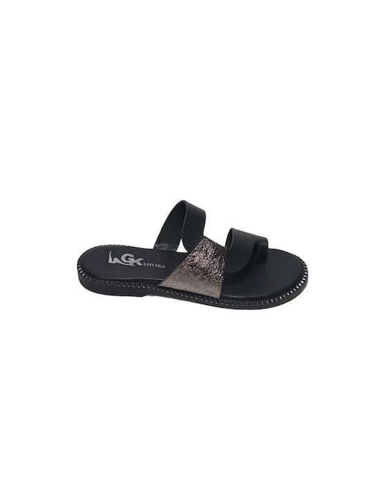Leather Women's Flat Sandals in Black Color