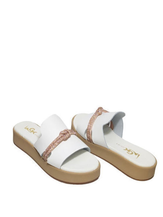 Leather Women's Flat Sandals Flatforms in White Color