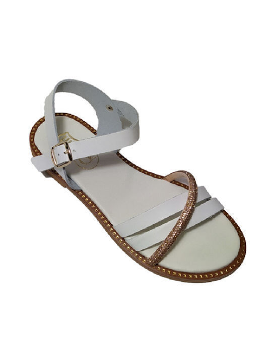 Leather Women's Flat Sandals with Strap in White Color