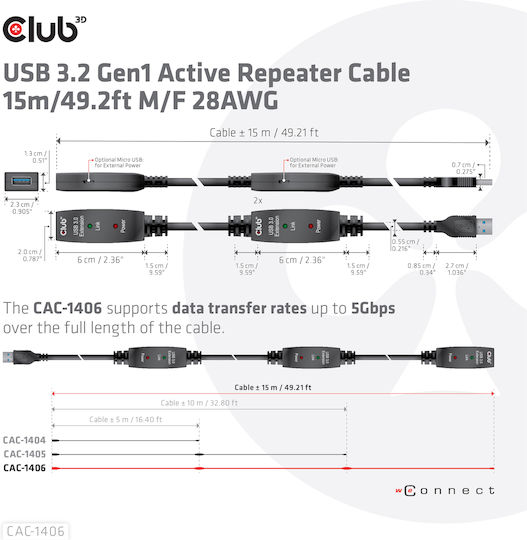Club3D 15m USB 3.1 Cable A-Male to A-Female (CAC-1406)