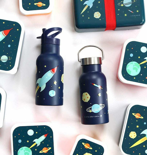 A Little Lovely Company Space Kids Water Bottle Thermos Stainless Steel with Straw Blue 350ml